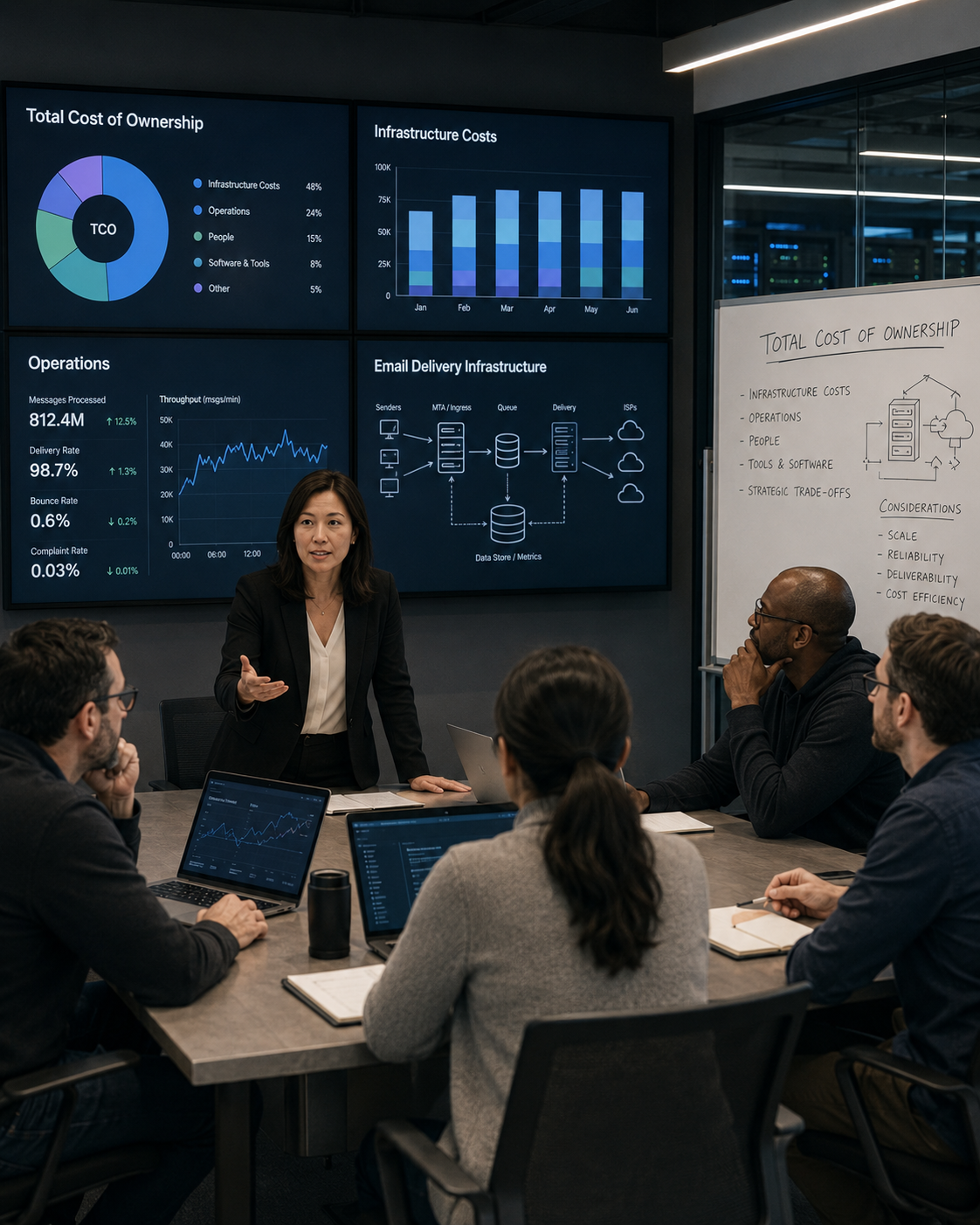 Team reviewing total cost of ownership dashboards for email delivery infrastructure