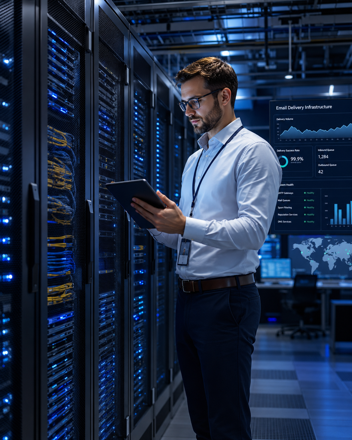 Engineer monitoring email delivery infrastructure in a modern data center with real-time delivery metrics dashboard